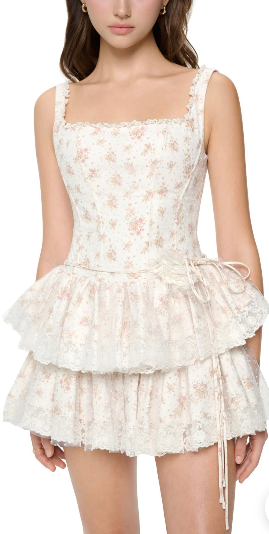 alisa floral printed lace trim mini dress in white