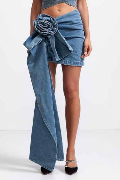 Asymmetrical Floral Denim Skirt - Blue