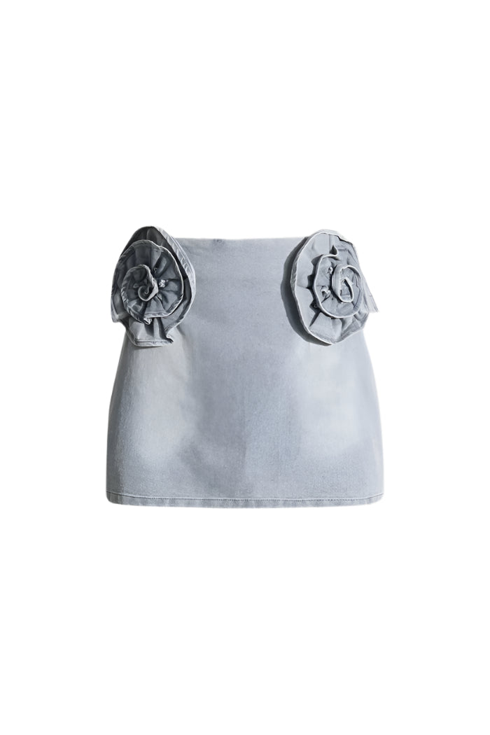 Denim Mini Skirt with Flower Details - Blue