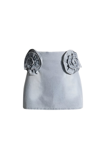Denim Mini Skirt with Flower Details - Blue