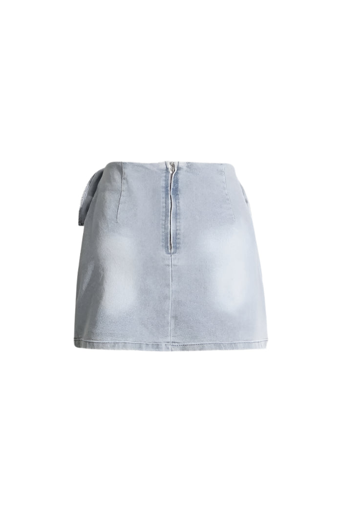 Denim Mini Skirt with Flower Details - Blue