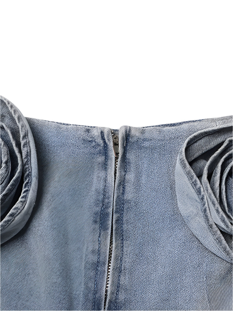 Denim Mini Skirt with Flower Details - Blue