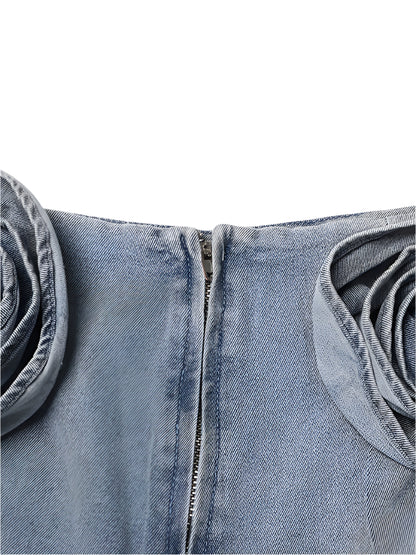 Denim Mini Skirt with Flower Details - Blue