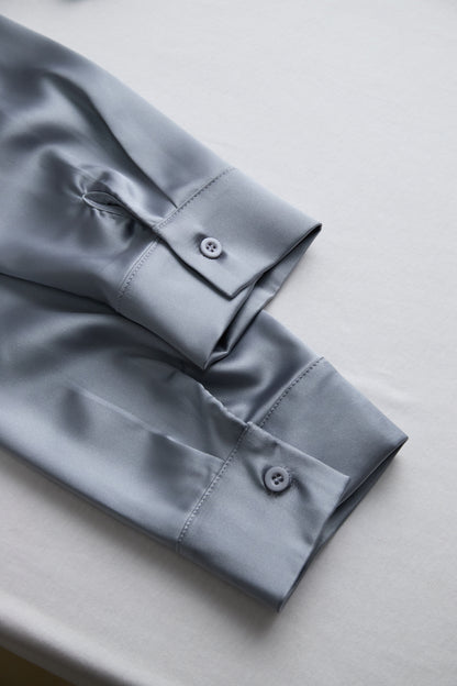Silver Satin Blouse with Plunging V-Neck