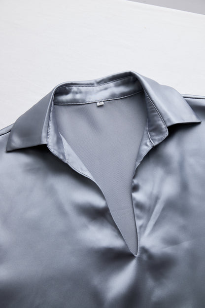 Silver Satin Blouse with Plunging V-Neck