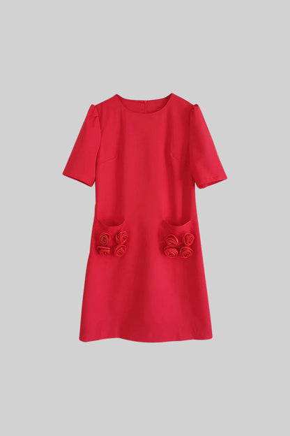 Short Sleeve Mini Roses Dress - Red