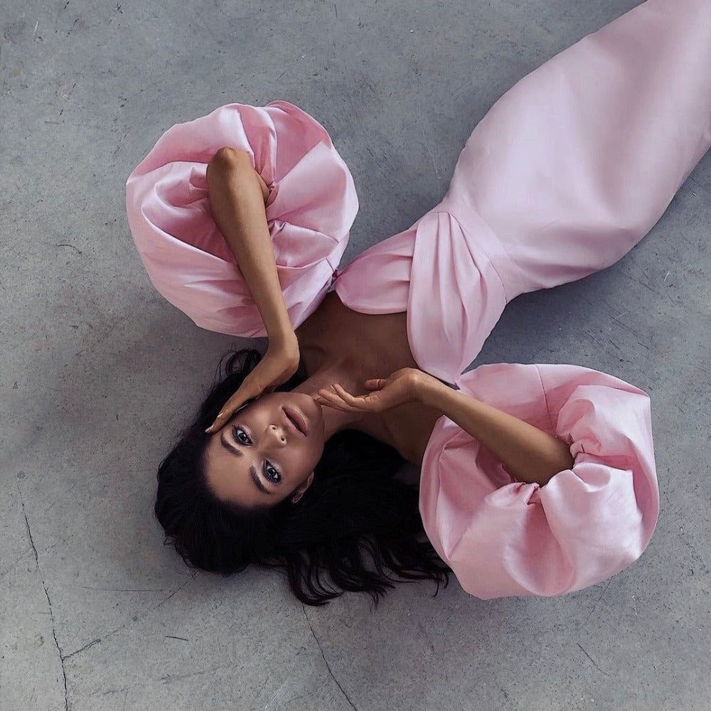 Smiley Puff Sleeve Satin Midi Dress in pink