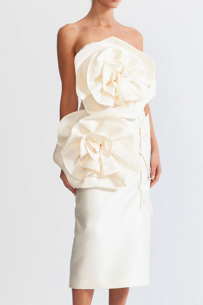 3D Voluminous Flower Design Midi Dress - Ivoire