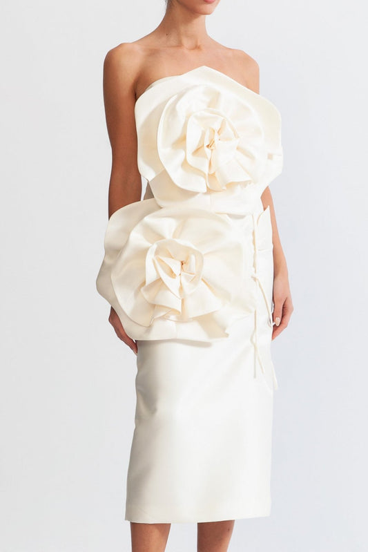 3D Voluminous Flower Design Midi Dress - Ivoire