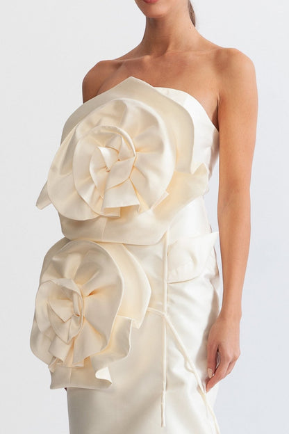 3D Voluminous Flower Design Midi Dress - Ivoire