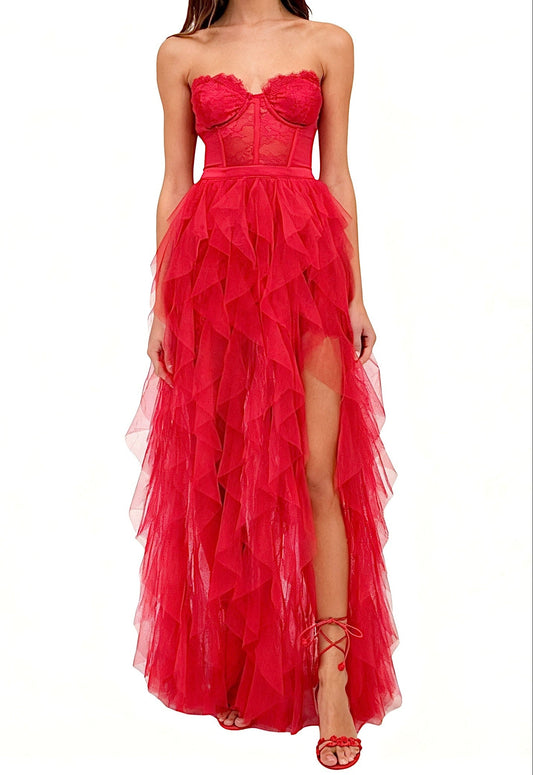 RED STRAPLESS LACE PATCHWORK MESH MAXI DRESS