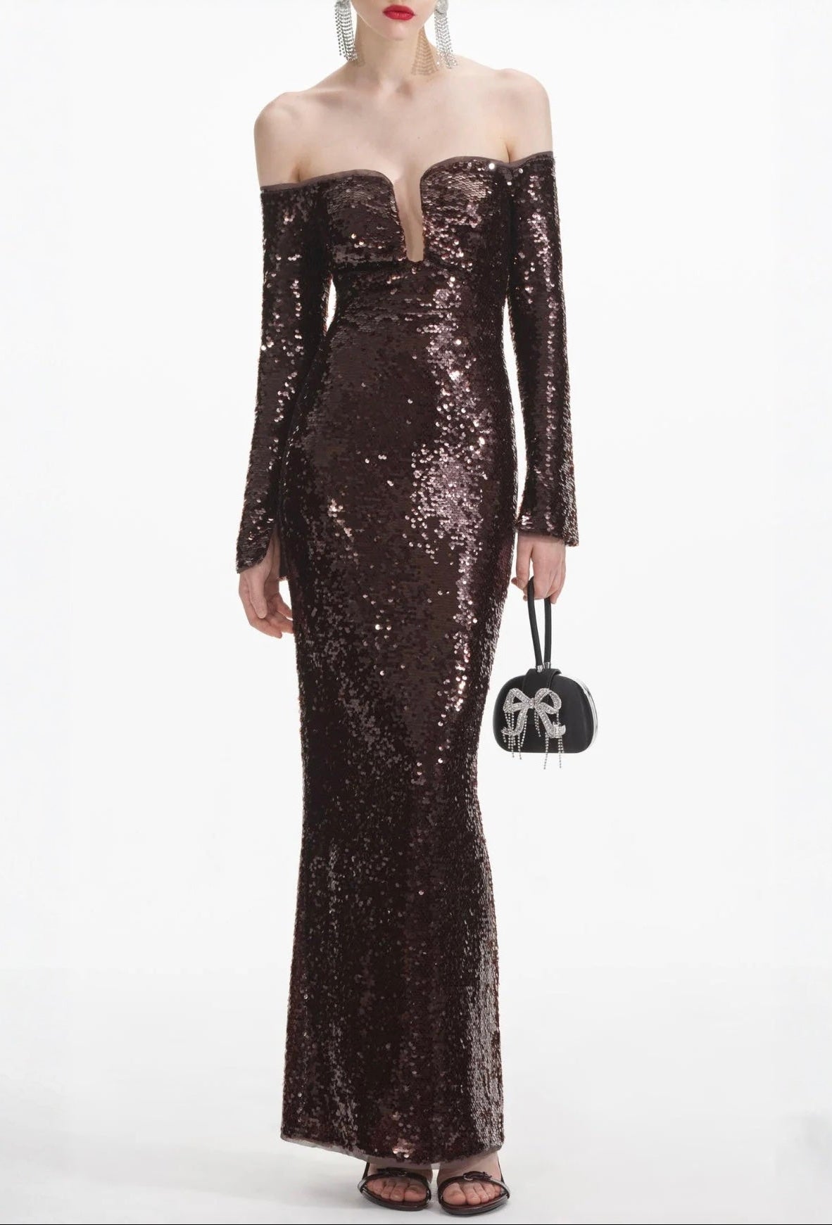 long sleeve sequin maxi dress in brown
