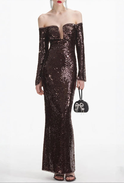 long sleeve sequin maxi dress in brown