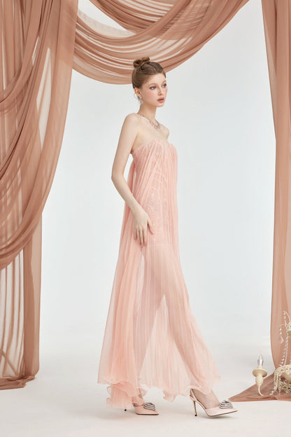 Thea Strapless Mesh Backless maxi Dress in pink