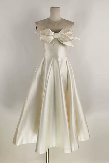 BEIGE FLARED SEMI-HEART NECK TAFFETA MIDI DRESS