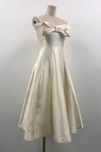 BEIGE FLARED SEMI-HEART NECK TAFFETA MIDI DRESS