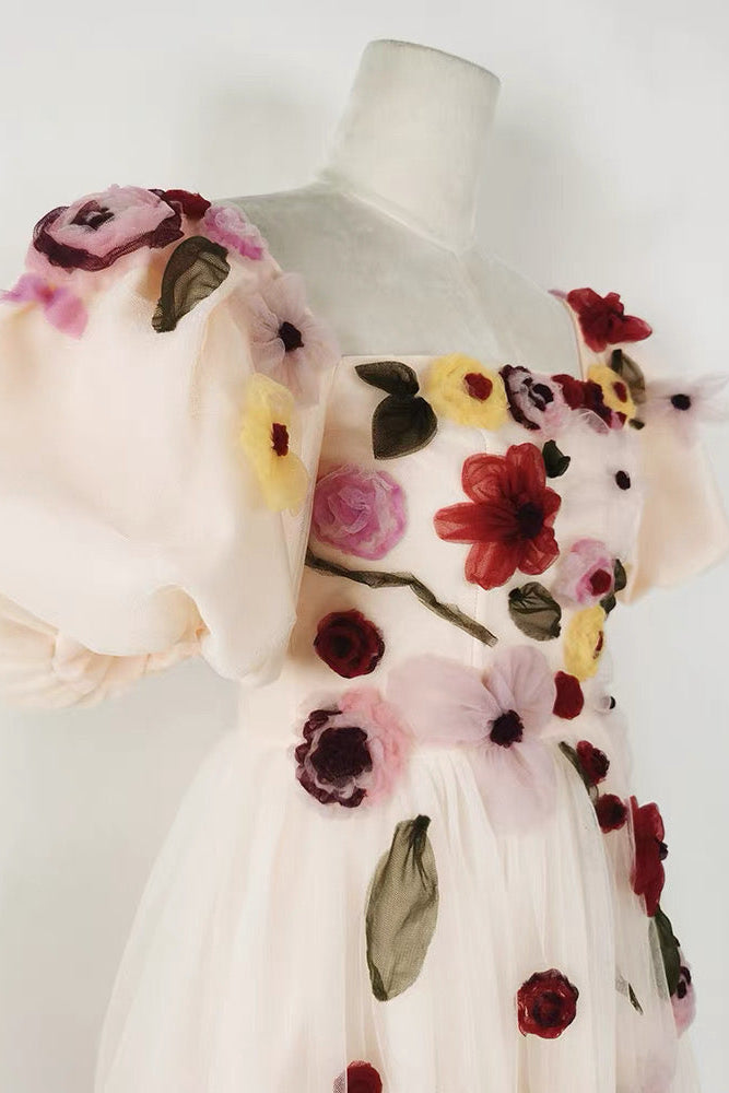 FLOWERS PRINT PUFF SLEEVE MIDI DRESS IN PINK