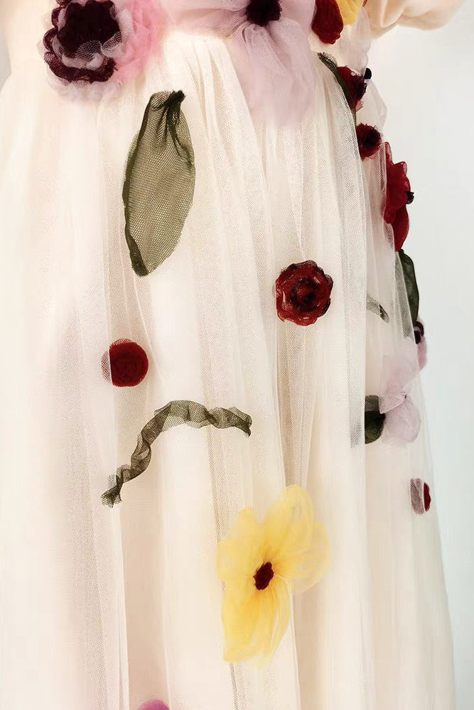 FLOWERS PRINT PUFF SLEEVE MIDI DRESS IN PINK