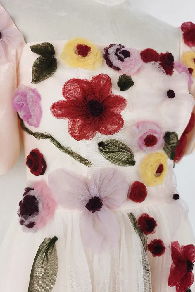 FLOWERS PRINT PUFF SLEEVE MIDI DRESS IN PINK
