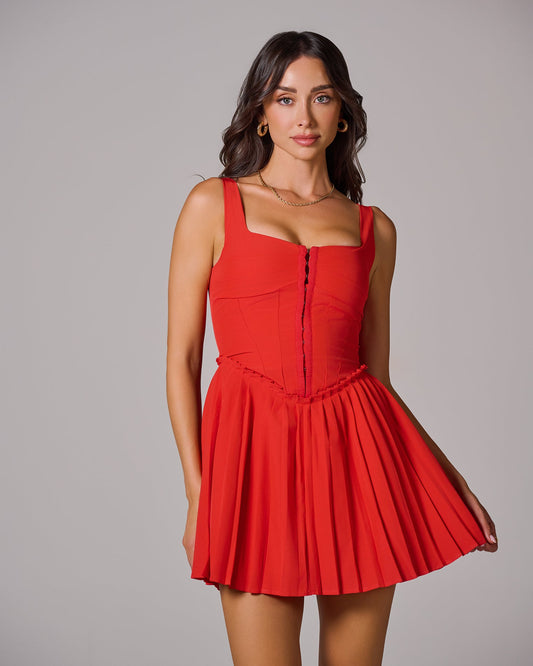 SCARLET PLEATED MINI DRESS