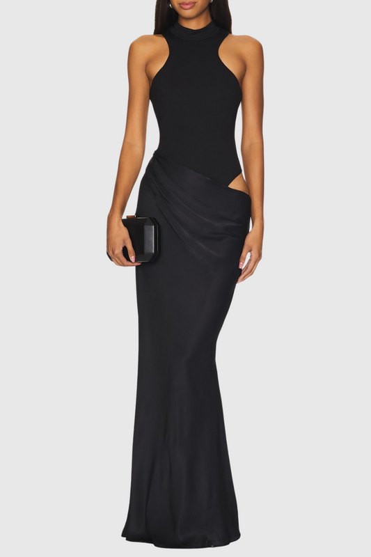 Ilya Asymmetrical Cutout Satin Maxi Dress - Black