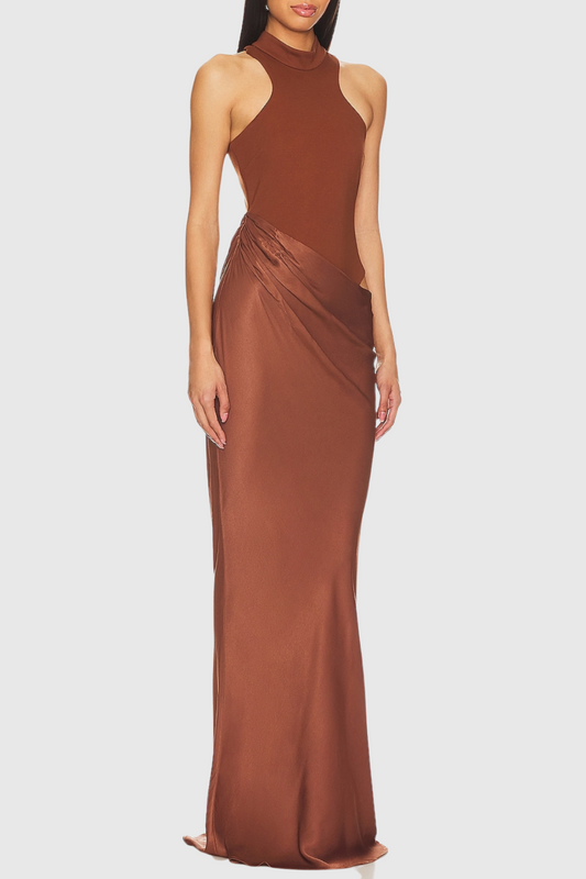Ilya Asymmetrical Cutout Satin Maxi Dress - Brown