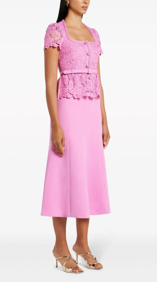 PINK LACE TAILORED MIDI DRESS
