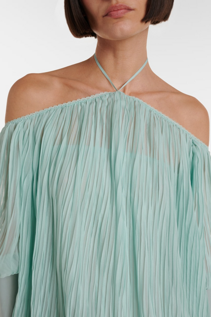 Halter Pleated Ruffle Mini Dress in green