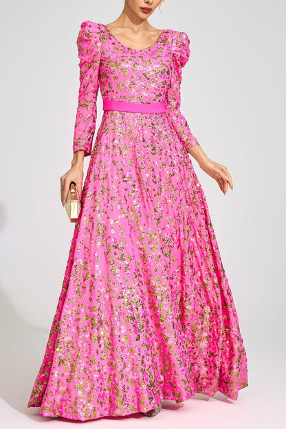 zenobia Rose Red Sequin print Maxi Dress