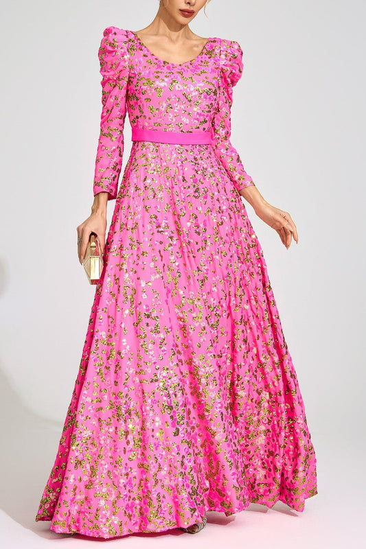 zenobia Rose Red Sequin print Maxi Dress