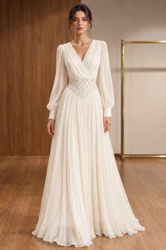 White Chiffon V Neck Long Sleeve Pleated Midi Dress