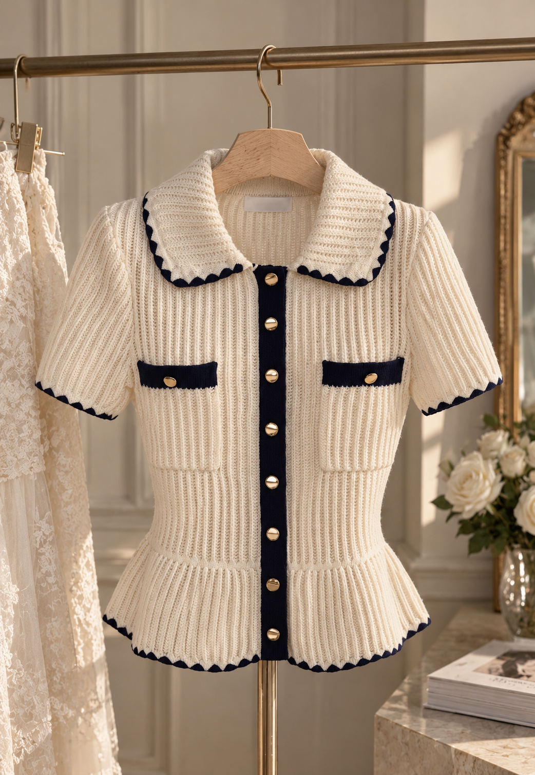 Cream Ribbed Knit Peplum Short-Sleeve Cardigan