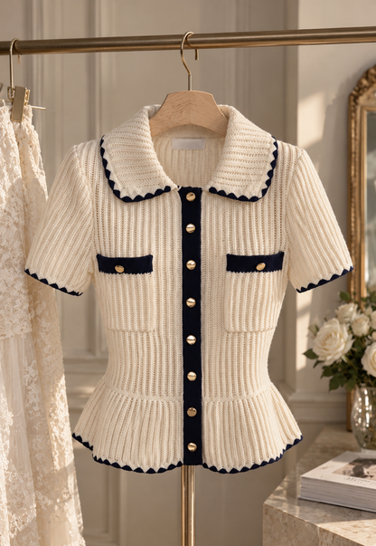 Cream Ribbed Knit Peplum Short-Sleeve Cardigan