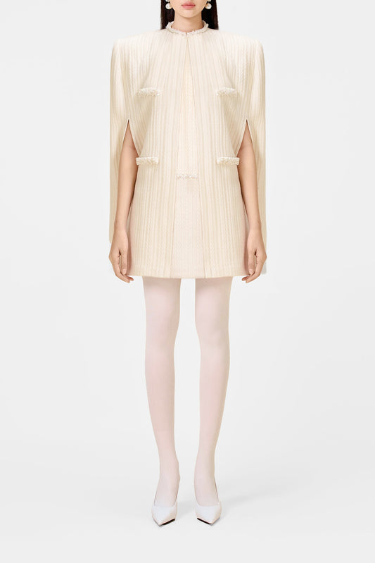 Ivory Tweed Cape Sleeve Formal Short Dress