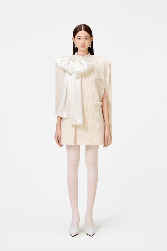 Ivory Tweed Cape Sleeve Formal Short Dress -front