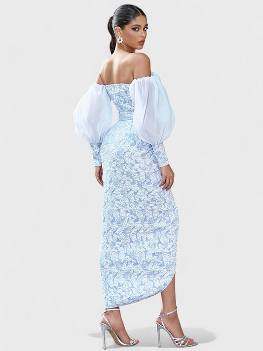 Izobel Off-Shoulder Embroidered Midi Dress – Icy Blue