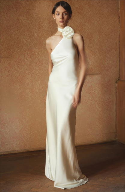 3D Floral Satin Solid Maxi Dress