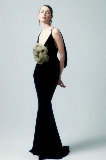 3D Floral Velvet Sleeveless Maxi Dress
