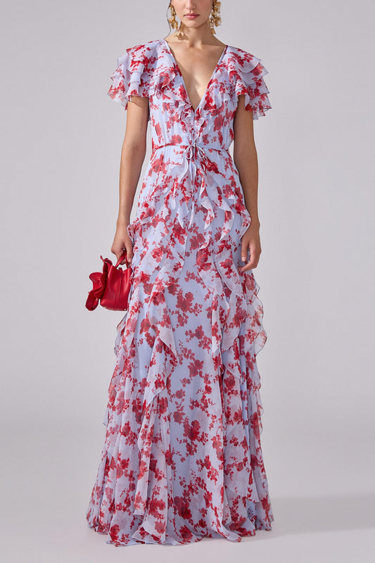 jamie multicolor Floral printed Chiffon Ruffle Maxi Dress