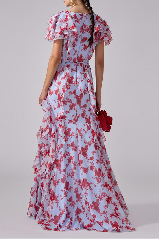 jamie multicolor Floral printed Chiffon Ruffle Maxi Dress