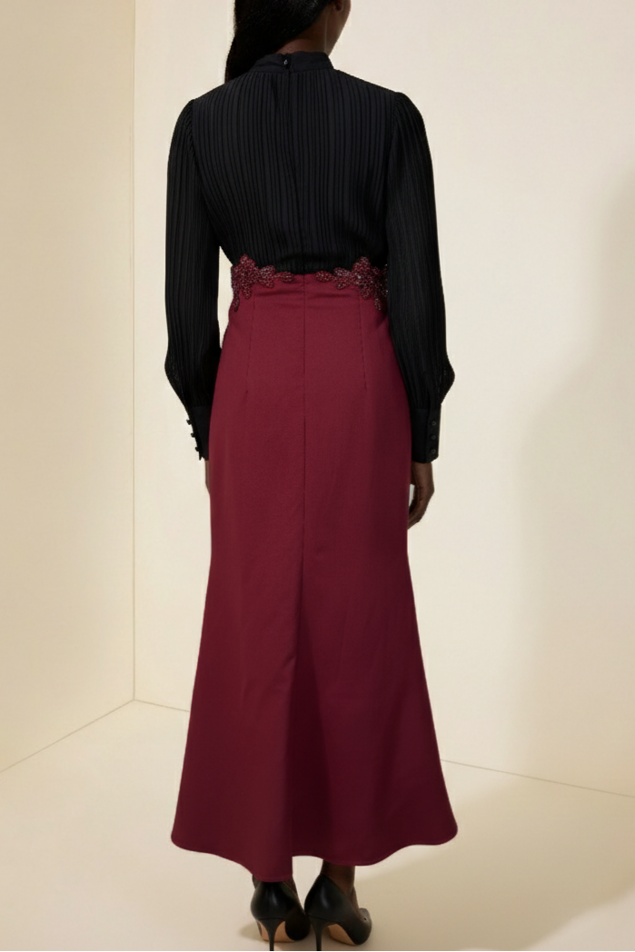 carlin Balloon Sleeve Ruched Tie Up Midi Dress - black & red