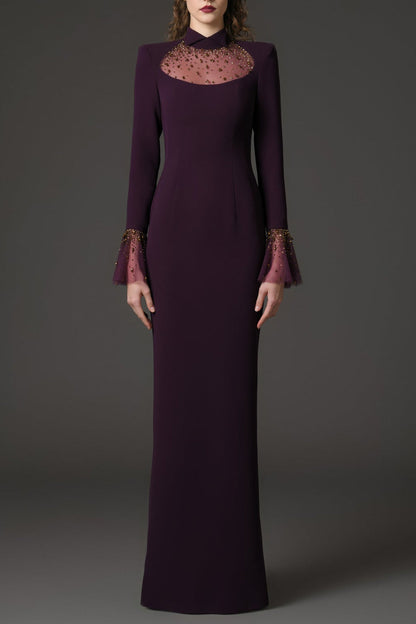 ophelia rhinestone Embroidered burgundy crêpe dress with bell sleeves‭