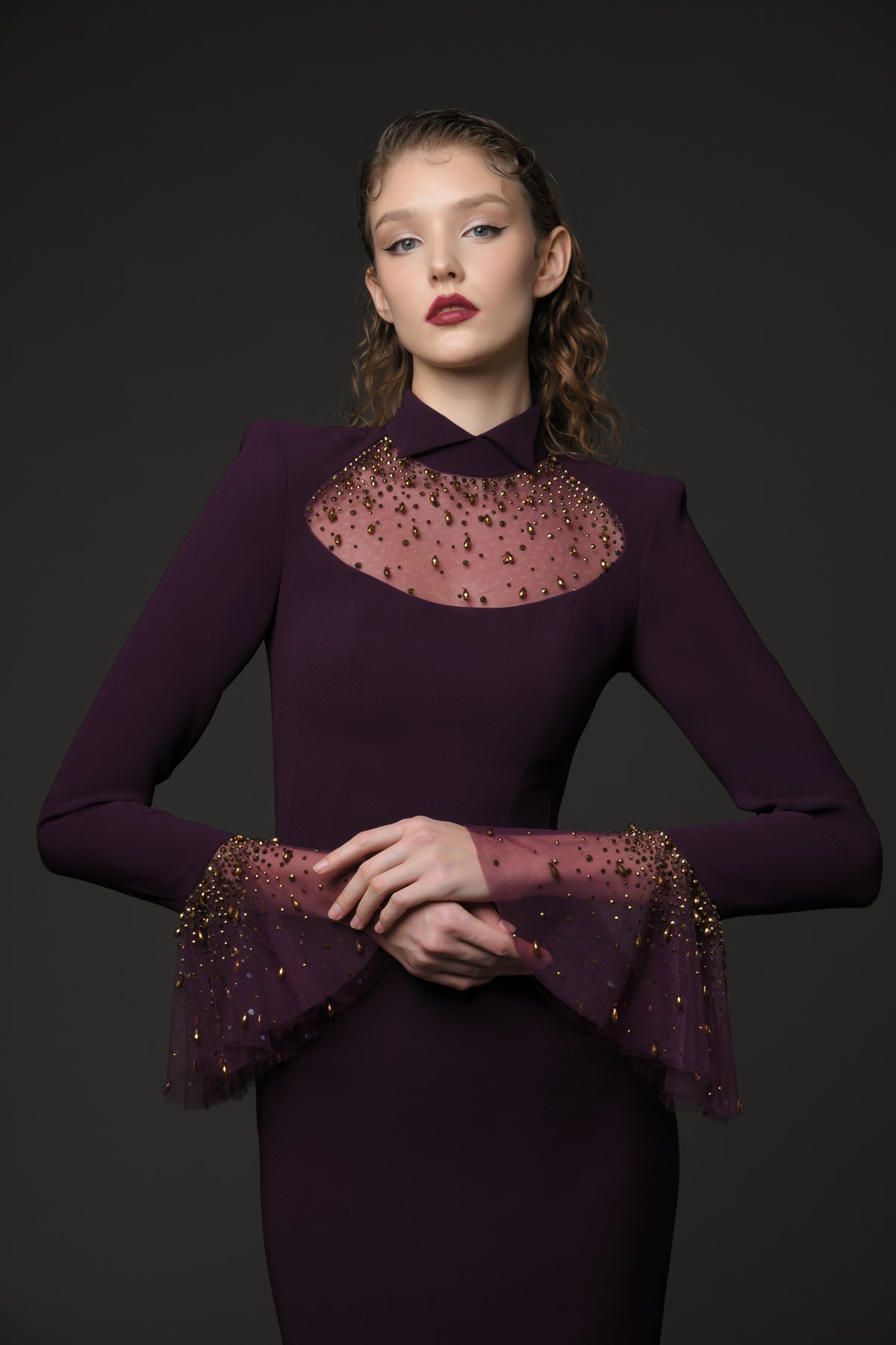ophelia rhinestone Embroidered burgundy crêpe dress with bell sleeves‭