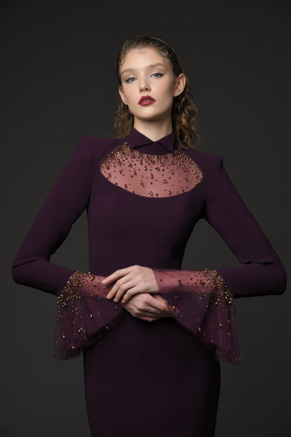 ophelia rhinestone Embroidered burgundy crêpe dress with bell sleeves‭