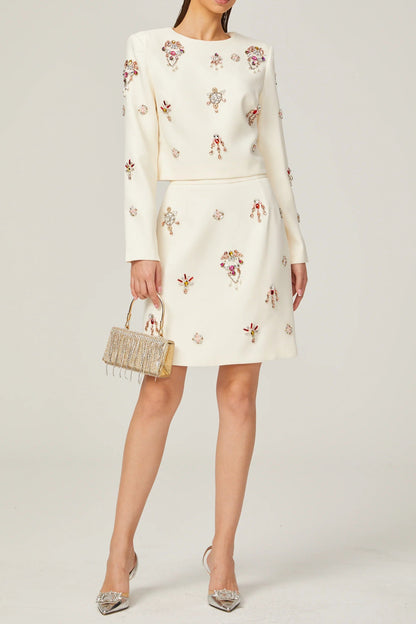 Jeanne white crystal-embellished top & skirt matching set