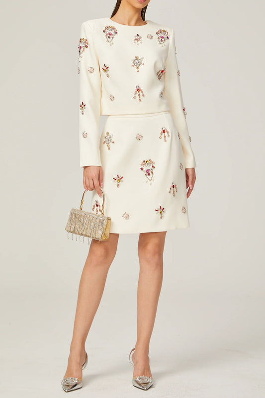 Jeanne white crystal-embellished top & skirt matching set