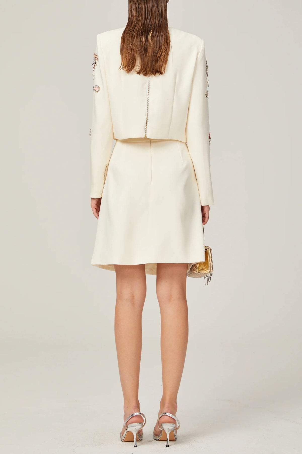 Jeanne white crystal-embellished top & skirt matching set