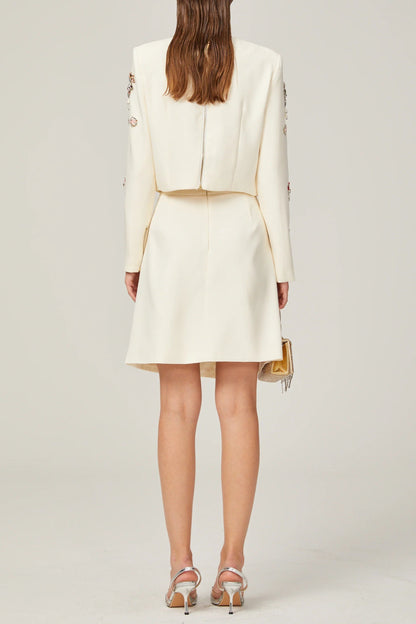 Jeanne white crystal-embellished top & skirt matching set