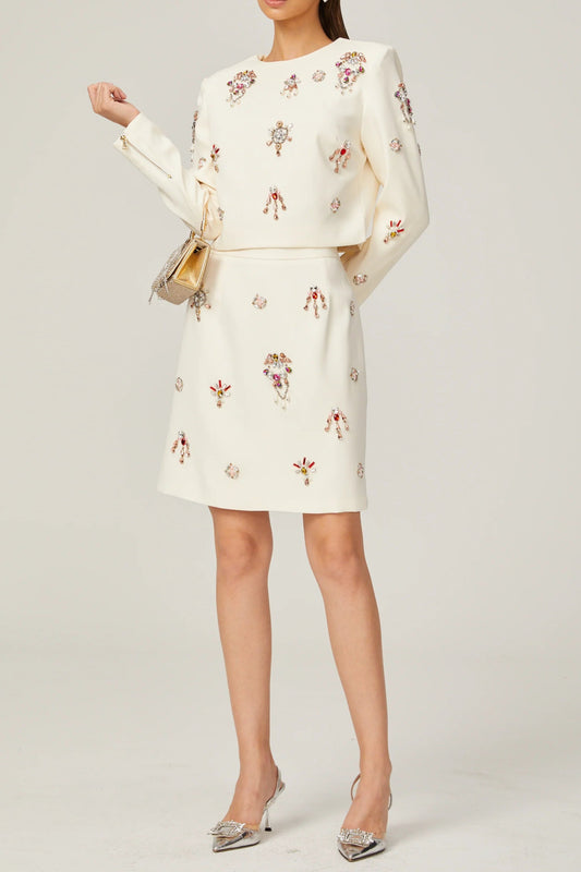 Jeanne white crystal-embellished top & skirt matching set