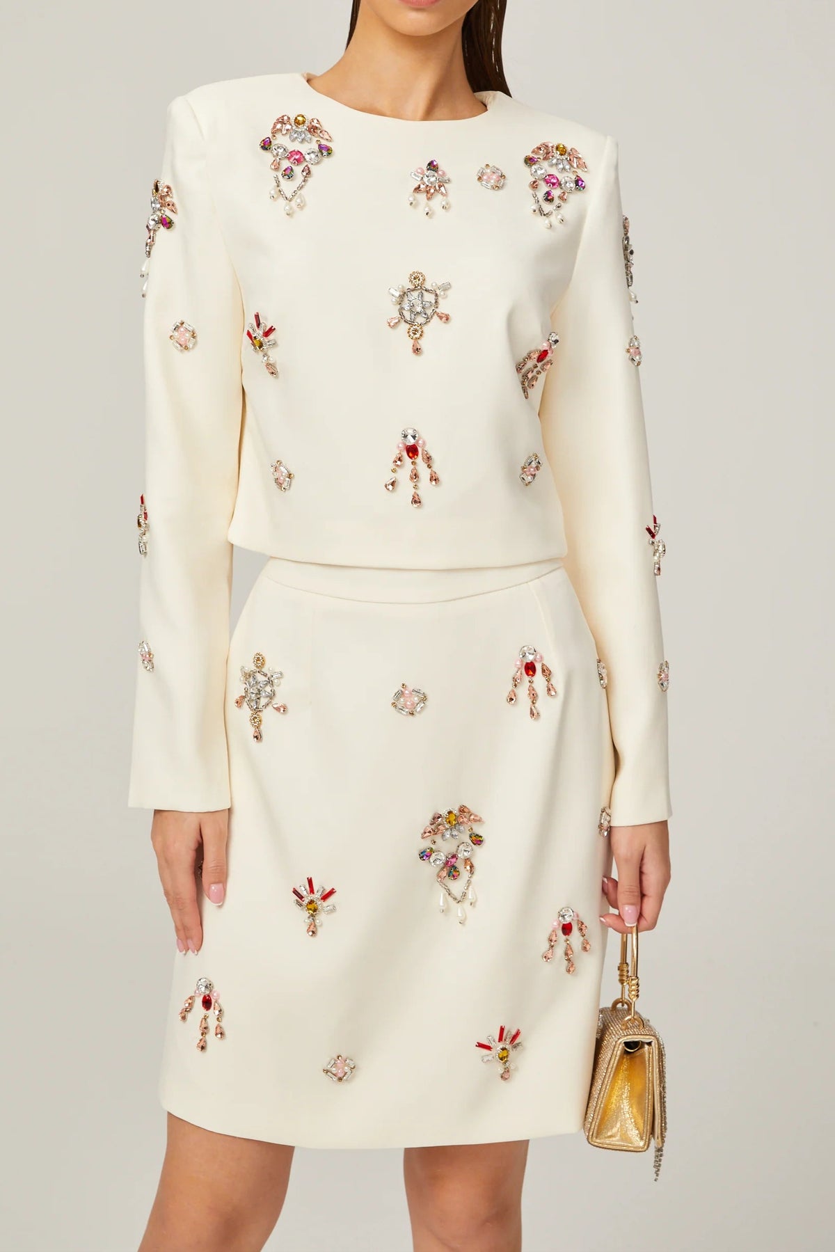 Jeanne white crystal-embellished top & skirt matching set
